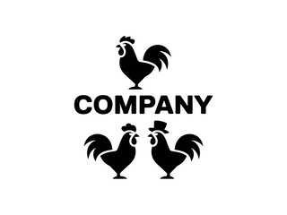 Fototapeta premium Black Rooster Company Logo Design with Three Silhouette Chickens and Hats