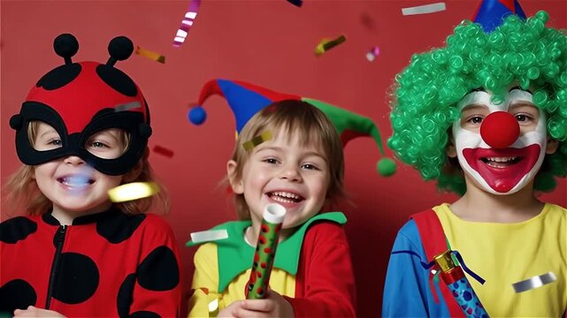 Kids Celebrating - Clown & Costumes, Joyful Party with Confetti & Fun