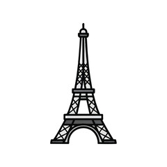 Fototapeta premium The famous Parisian Eiffel Tower landmark is presented as a sleek, simplified vector icon, featuring a modern flat 2D cartoon graphic style isolated against a bright white background.