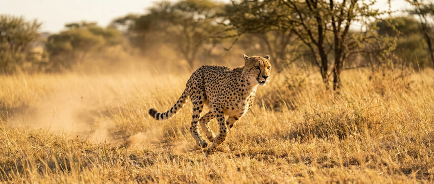 Gu&eacute;pard marchant furtivement dans les hautes herbes s&egrave;ches