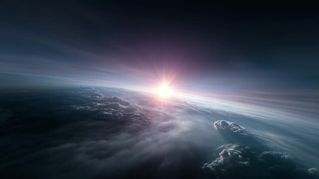 Earth sunrise from outer space over a cloudy ocean, with the bright sun emerging exactly on the horizon line and casting symmetrical radiant light beams across the atmosphere