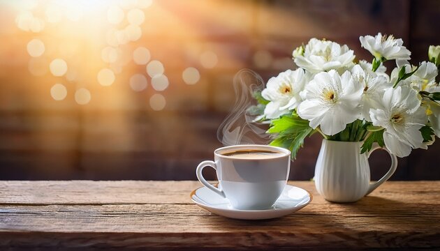 hot coffee mug and fresh white flower bouquet on a rustic wooden table