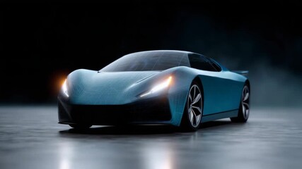 Futuristic sports car seen from the front in a dark high-tech environment, sleek aerodynamic body with glowing LED headlights. Transparent digital wireframe  4ll - Powered by Adobe