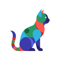 Colorful Geometric Cat Sitting Profile View Illustration.