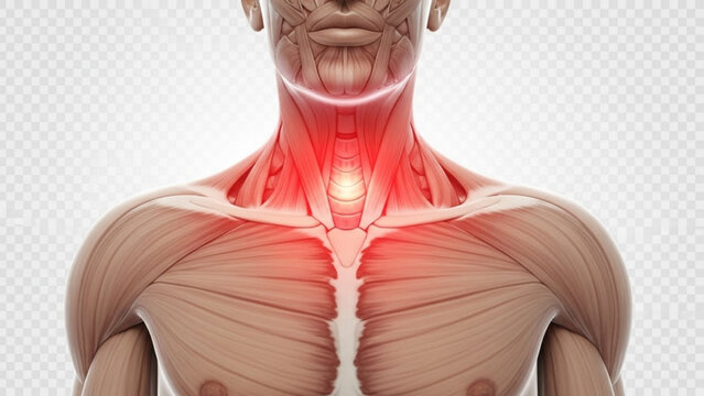 Anatomical illustration of a mans torso with highlighted red muscles and a glowing spot on the sternum