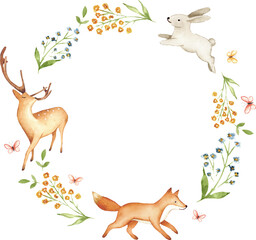 Woodland Animals and Botanical Watercolor Wreath