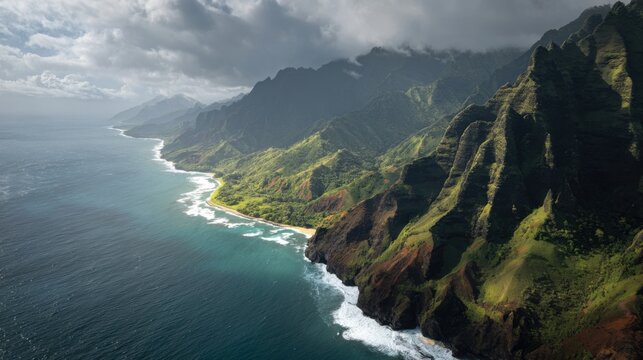 Dramatic coastal mountains meet turquoise ocean waves - Powered by Adobe