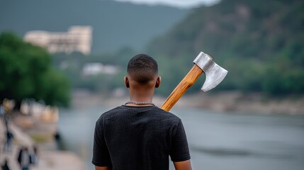 Man holds axe while standing at forest edge near a river during daytime in a natural setting with focus on the subject