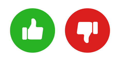 Like and dislike icons in green and red circles, representing positive and negative feedback, approval, and disapproval in digital interactions
