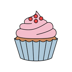 Delicious pink frosted cupcake with cherry toppings in a blue paper cup.