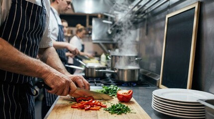 Chefs preparing fresh ingredients in a bustling kitchen culinary arts professional environment dynamic action