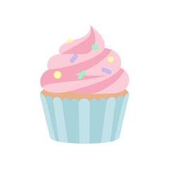 Delicious Pink Frosted Cupcake with Sprinkles in a Blue Wrapper.