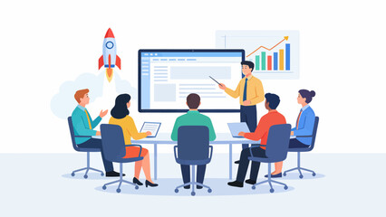 Business meeting with presentation and rocket