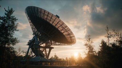 Giant radio telescope dish at sunset with trees