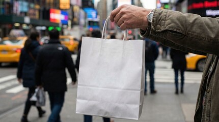 Obraz premium Shopping excursion in times square urban setting street scene vibrant atmosphere close-up view consumer culture