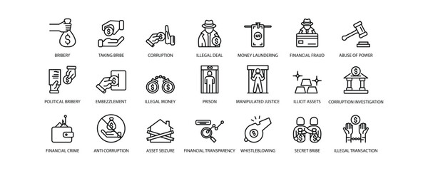 Set of icons for corruption. Editable stroke. Vector illustration	
