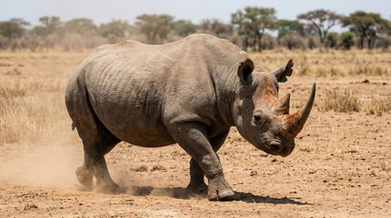 Fototapeta premium Rhinocéros noir marchant dans la plaine poussiéreuse en solitaire