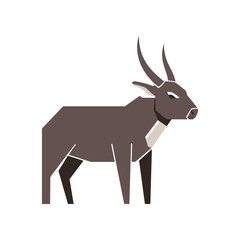 Geometric illustration of a dark brown antelope with long horns standing gracefully.