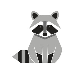Geometric raccoon illustration sitting upright with striped tail and mask.
