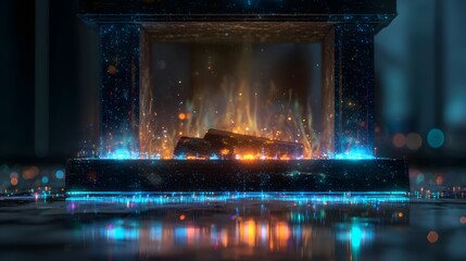 Modern Christmas fireplace background designed in cyber lighting style