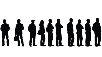 Silhouettes of diverse people standing in a waiting line formation