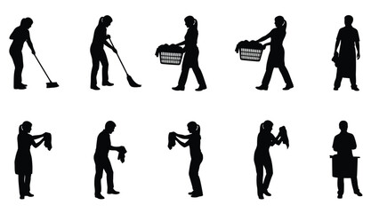 Fototapeta premium Collection of ten black silhouettes performing various household cleaning tasks