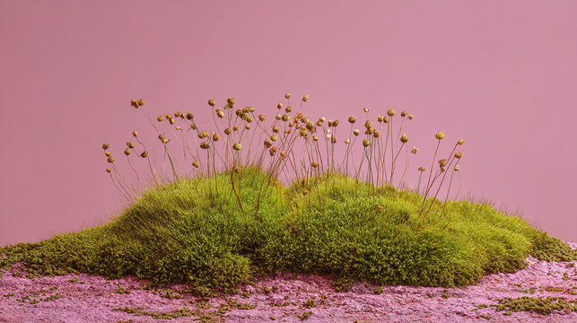 A macro shot of mossy mound in a pink background. The close-up showcases intricate details