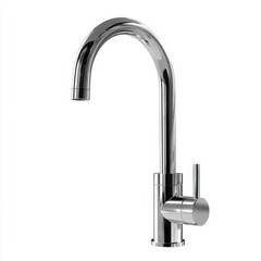 Modern chrome kitchen faucet on white background
