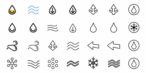 Water Drop Icons Set, Water Droplet Symbols, Weather and Liquid Graphics