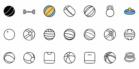 Sports Equipment Icons Set, Various Balls and Fitness Tools Illustrations
