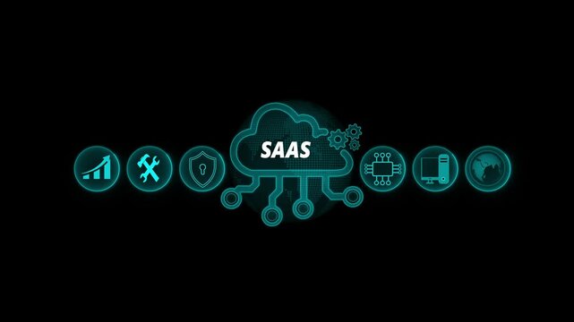 Businessman show world background of SaaS icons for software services on cloud system. Business, Technology, Internet and network concept. 4K video