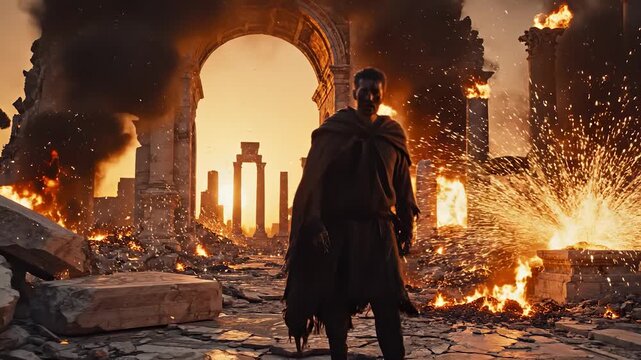 Aerial view shows vast slum with corrugated roofs and smoke. Shantytown sprawls with metal shacks and poverty housing. Slum settlement with corrugated roofs. Smoke rises from vast shantytown area.