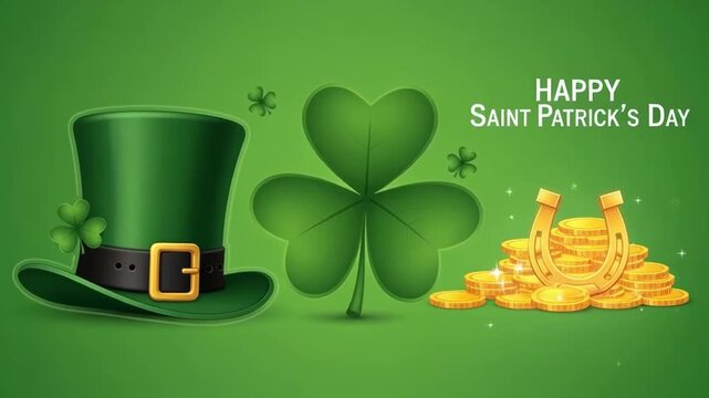 St. patrick's day celebration with green hat, shamrock, and gold coins animation