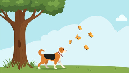 A Beagle Dog Chasing Butterflies in a Park.