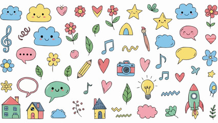 Cute Doodle Elements Collection with Clouds Stars Hearts and Flowers.