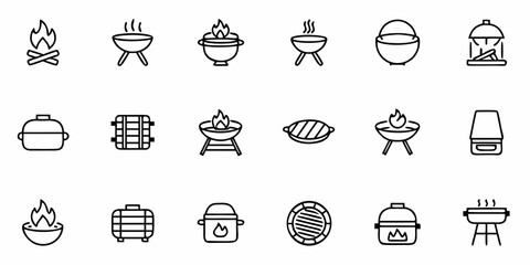 BBQ Grill Icons, Outdoor Cooking Symbols, Fire, Smoker, and Oven Illustrations for Design and Infographics