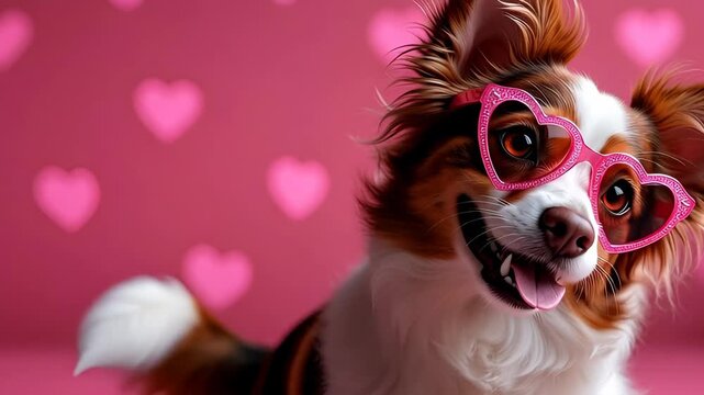 Cheerful dog wearing heart shape glasses on a pink background with heart pattern for Valentines Day