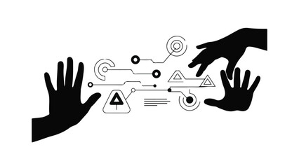 Business communication teamwork collaboration concept with hands exchanging information and data flow