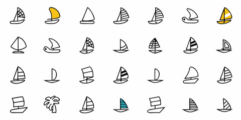 Sailboat Vector Icons Set, Nautical Symbols, Boats, Sailing, Marine, Water Sports, Outdoor Recreation, Travel