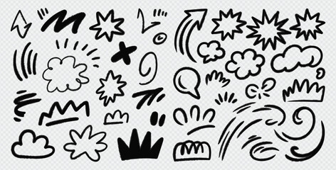 Set of hand drawn arrows, icons, hashtags. Social symbols.