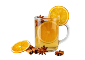 Glass mug with orange slices and spices isolated on a transparent background