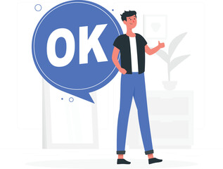 Man in blue jeans and black shirt with O K speech bubble person de