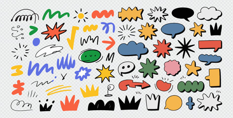 Vector set of hand drawn various colourful funny stars, sparks, wave shapes and comic creatures faces. Cute doodle design elements.