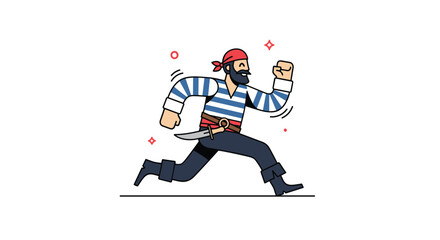 Obraz premium Happy cartoon pirate character with a red bandana and striped shirt running with a smile, isolated on a clean white background.