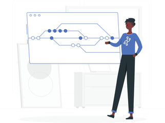 Man in blue shirt presenting flowchart on screen presentation desi