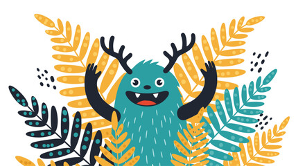 Adorable happy blue monster with antlers waving from behind colorful foliage in a fun and whimsical children's book style illustration.