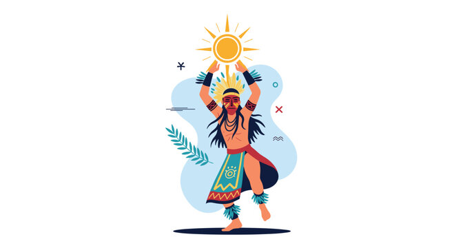 Illustration of a Native American man in traditional attire with a feathered headdress performing a ritual sun dance on a background.