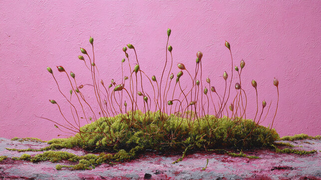 A vibrant close-up of moss with tiny sprouts against a pink backdrop. The detail reveals the delicate beauty of nature's design.
