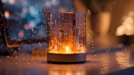 Glowing glass candle design with cyber reflections and soft snowfall