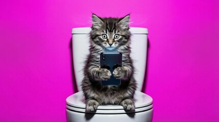 Tabby kitten sitting on white toilet holding smartphone against pink background